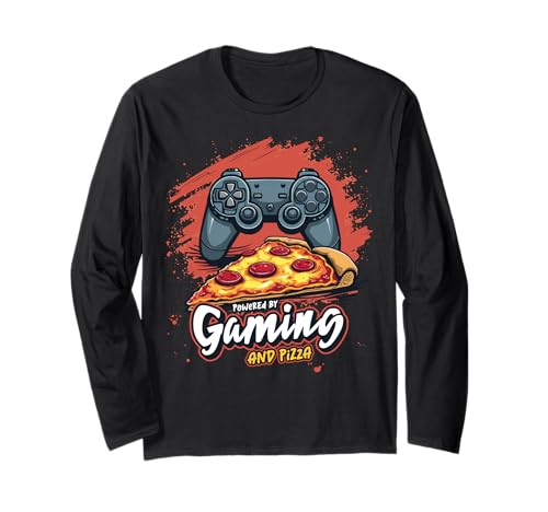 "Powered by Gaming and Pizza" Gaming Videogiochi Giocatore Maglia a Manica