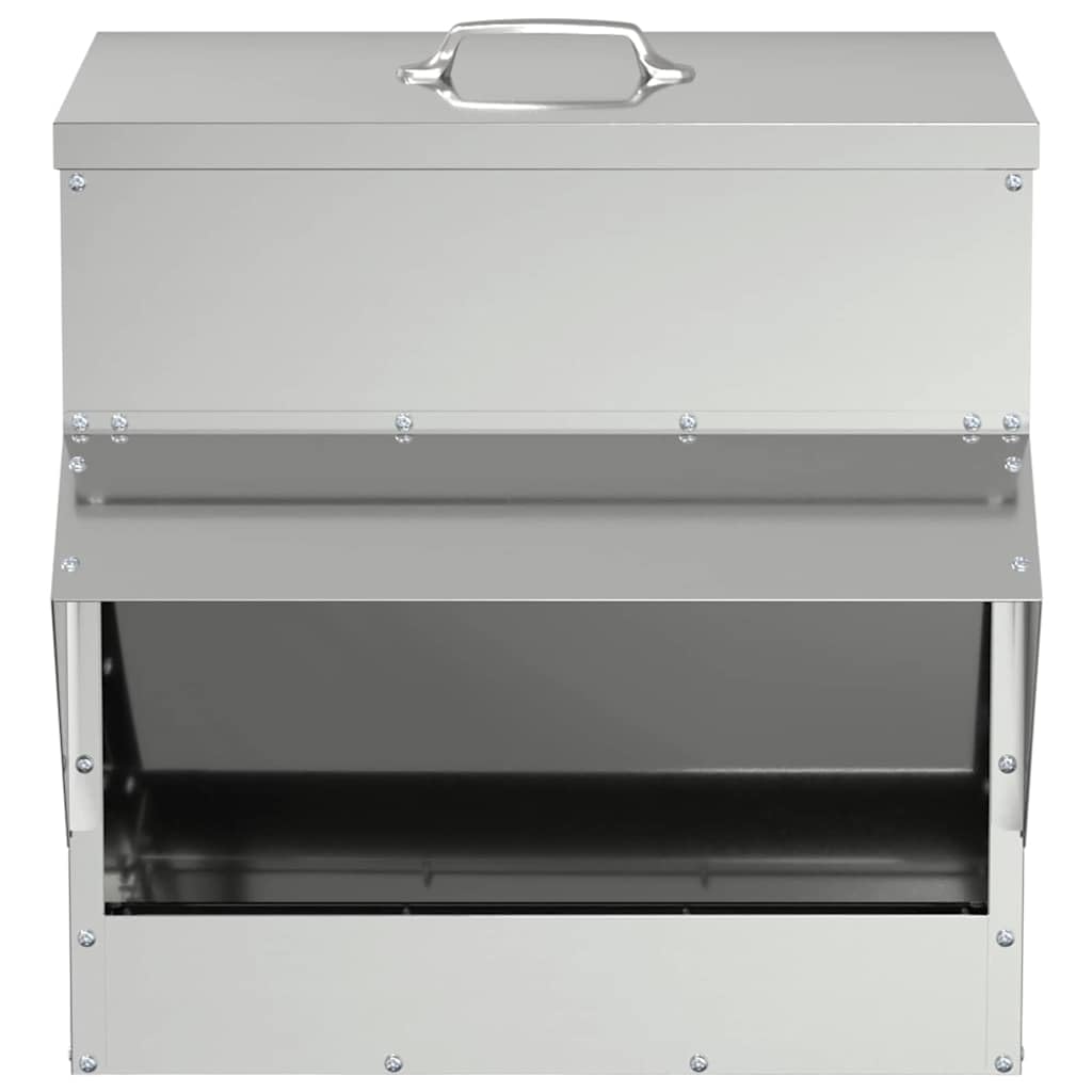 Hühnerfütterer aus verzinktem Stahl Silber 40,5 x 45 x 41 cm mit Dach und Deckelgriff wetterfeste Futterstation für Innen und Außenbereich langlebig und pflegeleicht