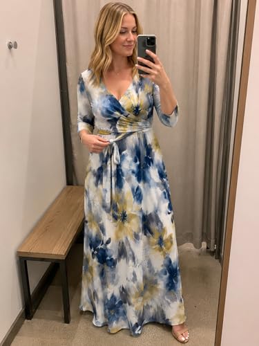 Image of Plus Size Maxi Dress for Women V Neck 3 /4 Sleeve Wrap Dresses