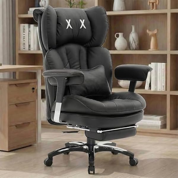 Efomao Ergonomiczny Fotel Biurowy z Podnóżkiem, Regulowany Fotel Obrotowy do Komputera z Wysokim Oparciem, Podparciem Lędźwiowym, Zagłówkiem i Funkcją Odchylania, do Domu i Biura