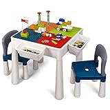 7-in-1 Multi Kids Activity Table Set and 2 Chairs. 360 Pieces Building Blocks Compatible Bricks Toy, Lego Play Table with Storage, Safe ABS Material for Boys Girls