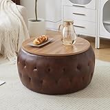 YDcosyfy 25 Inches Large Round Storage Ottoman, Modern Upholstered Ottoman Coffee Table, Wooden Top, Soft Faxu Leather Surface, for Living Room, Bedroom, Classic Tufting, Brown