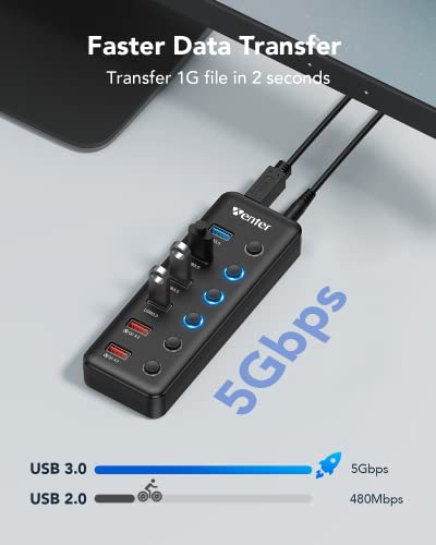 Powered Usb Hub, Wenter 6-Port Usb 3.0 Hub Splitter (4 Usb 3.0 Data Ports + 2 Qc 3.0 Fast Charging Ports) With Individual Led On/Off Switches, Usb Hub 3.0 Powered With 36W Ac Adapter For Mac, Pc #TOP3