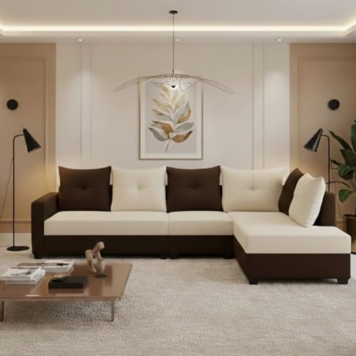 Image of SOCOZI Oriana 6 Seater RHS L Shape Sofa Set | Soft Velvet Suede Fabric | Modern Design | Plush Comfort Cushions for Living Room (Dark Brown-Cream)