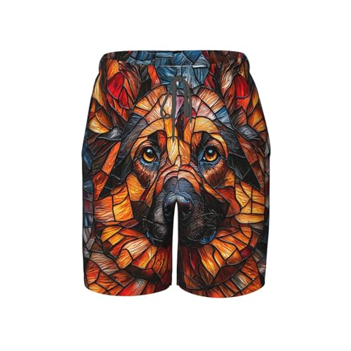Boys Swim Trunks Quick Dry Beach Board Shorts Kids Youth Bathing Suits, German Shepherd Dog Stained Glass