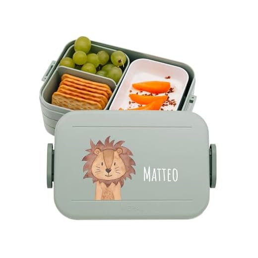 wunderwunsch MEPAL Brotdose Spülmaschinenfest Kinder, Lunchbox mit Einsatz für perfekte Ordnung, Spülmaschine, Mikrowellengeeignet, personalisiert mit niedlichem Motiv (Löwe, grün)