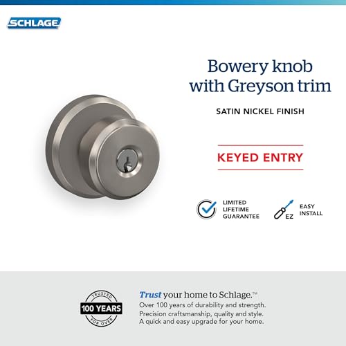 Image of SCHLAGE F51A BWE 619 GSN Bowery Knob with Greyson Trim Keyed Entry Lock, Satin Nickel