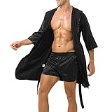 Generisch Peignoir court et léger en satin pour homme - Robe de chambre - Kimono en satin - Vêtement de nuit confortable - Col en V - Peignoir de sauna avec ceinture - Vêtement de nuit sexy - Vêtement