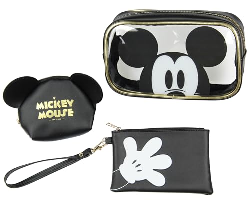 Bioworld Disney Mickey Mouse 3-Piece Toiletry Bag Set With Clear Cosmetic Bag Beauty Essentials Storage Gift Set