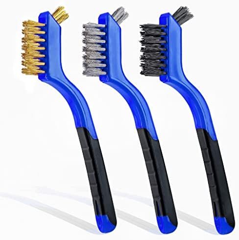 Lavaxon Wire Brush Set 3Pcs - Nylon/Brass/Stainless Steel Bristles with Curved Handle Grip for Rust, Dirt & Paint Scrubbing with Deep Cleaning – 7 Inches (Blue)