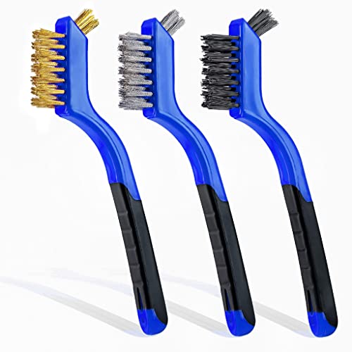 Lavaxon Wire Brush Set 3Pcs - Nylon/Brass/Stainless Steel Bristles with Curved Handle Grip for Rust, Dirt & Paint Scrubbing with Deep Cleaning – 7 Inches (Blue) by Lavaxon - Used condition - US$7.56