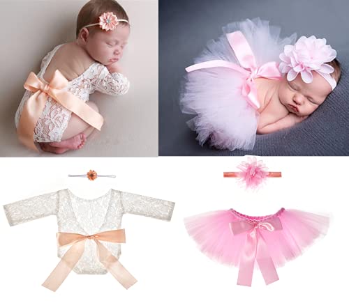 Newborn Photography Prop Infants Baby Photoshoot Props Pink Tutu Skirt and White Lace Rompers Sets Shoot Outfits for 0-6 Months Baby Girls