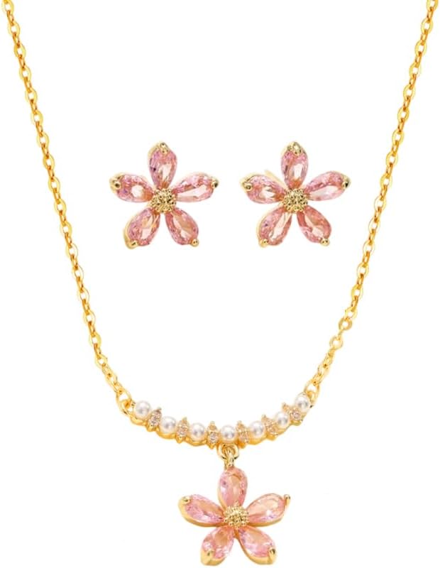 Pink CZ Flower Necklace Earrings Set for Women Gold-Tone Elegant Sparkling Crystal Imitation Pearl Floral Studs Adjustable Chain Ckoker Necklaces Prom Party Bride Wedding Party Jewelry for Her