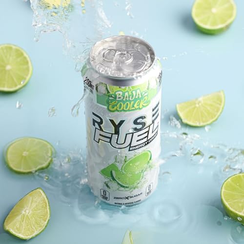 RYSE Fuel Sugar Free Energy Drink | Vegan Friendly, Gluten Free | No Fillers & No Artificial Colors | 0 Calories | 200mg Natural Caffeine | 12 Pack (Baja Cooler)