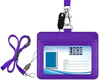Wisdompro 2-Sided PU Leather ID Badge Holder with 1 ID Window and 1 Card Slot and 1 Piece 23 Inch Adjustable Polyester Detachable Neck Lanyard Strap Holds 3 to 4 Cards- Purple (Horizontal)