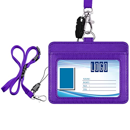 Wisdompro 2-Sided PU Leather ID Badge Holder with 1 ID Window and 1 Card Slot and 1 Piece 23 Inch Adjustable Polyester Detachable Neck Lanyard Strap （Holds 3 to 4 Cards）- Purple (Horizontal)