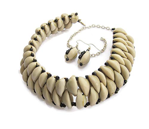 Unique Collar Choker Bib Egyptian African Beaded Natural Cowrie Shells On Geman Silver Wire Embellished With Black Glass Beads | Boho Gypsy Cleopatra Afghan Kuchi Tribal Belly Dance Necklace Earrings #TOP4