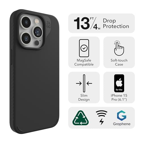 ZAGG Manhattan Snap iPhone 15 Pro Case - Premium Silicone iPhone Case, Durable Graphene Material, Smooth Surface with a Comfortable Ripple Grip, MagSafe Phone Case, Lavender Purple