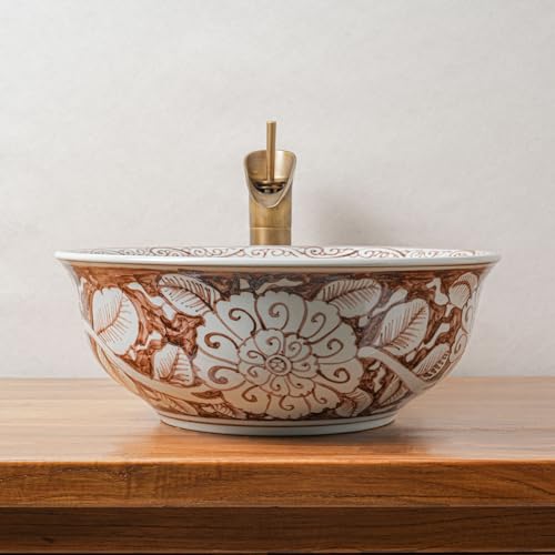Ceramic Bathroom Vessel Sinks Vintage100% Hand Painted Blue and White Porcelain Flowers, and fishs Round Sink Bowl For Vanity Top (Brown white) by XIGGJYL - Used condition - Image 6