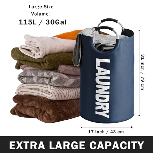 YOUDENOVA 115L Large Laundry Hampers with Handles, Collapsible Tall Clothes Baskets, Washing Bag for Bathroom, Bedrooms, College Dorm (Navy)