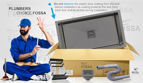 Image of Fossa 27 inchx20 inchx10 inch 5-Year Warranty Premium Stainless Steel Handmade Single Bowl Kitchen Sink | Sink with Waste Coupling & PVC Waste Pipe - Black (Matte Finish)