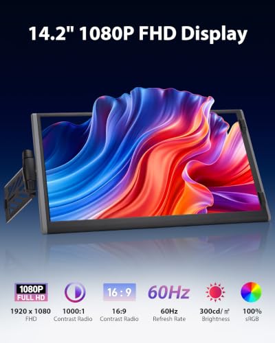Image of Laptop Extended Monitor Portable, Dual Laptop Screen Extender 14 inch FHD IPS | 360 Rotation, Adjustable Stand, 1.36lbs Ultra-Slim Lightweight,Plug & Play, Mini HDMI /USB Type-C, Windows /Mac /Android