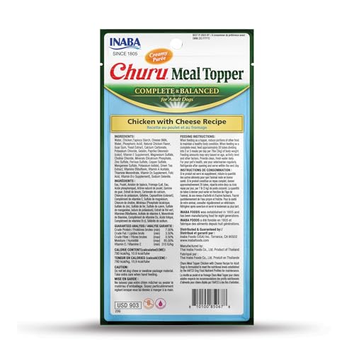INABA Churu Meal Topper for Dogs, Complete & Balance, Creamy, Lickable Purée Dog Food Topper, 0.5 Ounce Tube, 24 Tubes (4 per Pack), Chicken with Cheese Recipe