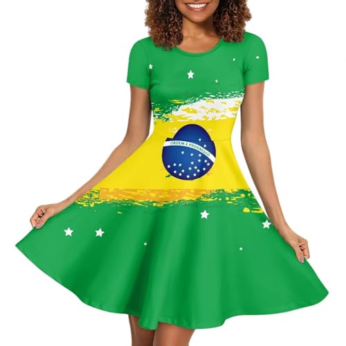 Biyejit Robes à imprimé 3D pour femme à manches courtes Robes décontractées fluides à évaser pour femme Robe de soirée à fronces, Drapeau du Brésil.,...