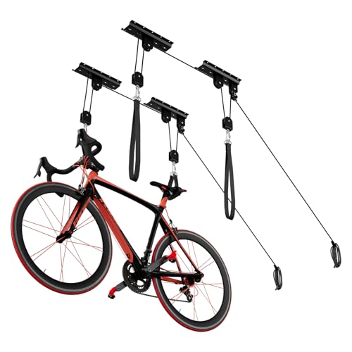 2 Pack Bike Hoist, Heavy Duty Ebike Lift Pulley System for Garage Ceiling Overhead Storage for Bicycle, Ladders, Snowboard, Holds Up to 85 lbs Capacity
