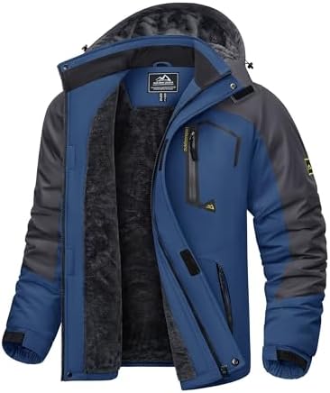 KEFITEVD Men's Waterproof Fleece Jackets Winter Warm Ski Raincoats Outdoor Thermal Coats with Detachable Hood