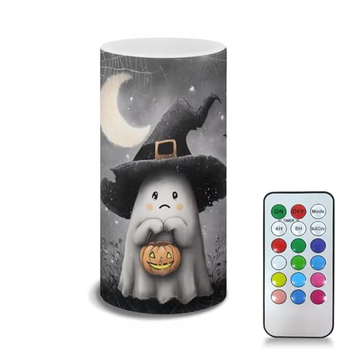 Image of Poceacles Wizard Hat Ghost Pumpkin Moon Gray Flameless Candle Battery Powered with Remote Control 12 Colors 4 /8 Hours Timer LED Night Lights Pillar Candle Tealights Halloween Decorations