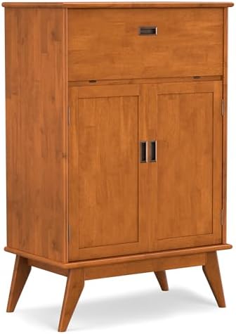 SIMPLIHOME Draper 32" Wide Solid Wood Bar Cabinet in Teak Brown |...