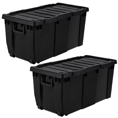 Image of IRIS USA 32 Gallon Rolling Storage Bin with Lid, Heavy Duty, 2 Pack | Built-in wheels and lockable latches make transporting tools, camping gear, truck equipment, and garage storage effortless.