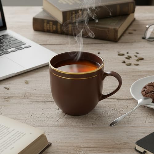 Image of Vistas Dark Brown Gold Line Ceramic Tea Cups Set of 12, 200ml | Porcelain Tea Cups Set of 12 | Glossy Finish | Premium Ceramic | Perfect for Every Occasion