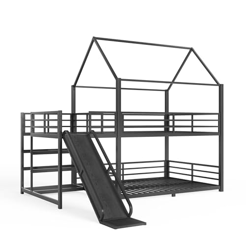 Image of Bellemave Metal Bunk beds Full Over Full with Slide and Storage Stairs, House Floor bunk Bed with guardrail for Kids,Black