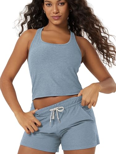 ODODOS Performance Racerback Crop Tank with Built-in Bra for Women Ultra Soft odSTRATUM Tech Light Support Workout Yoga Bra Dusty Blue Heather Medium