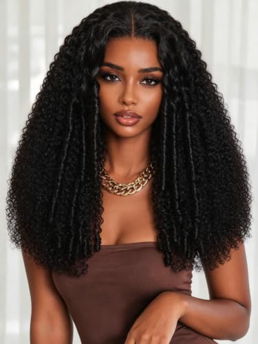 KLAIYI Bye Bye Slip™ Afro Kinky Curly Precut 7x5Lace Front Wigs Human Hair Glueless Pre Plucked Bleached Knots Drawstring Bouncy Curls Ready to Wear and Go Wig with Finger Coil Ends 180%Density 26Inch