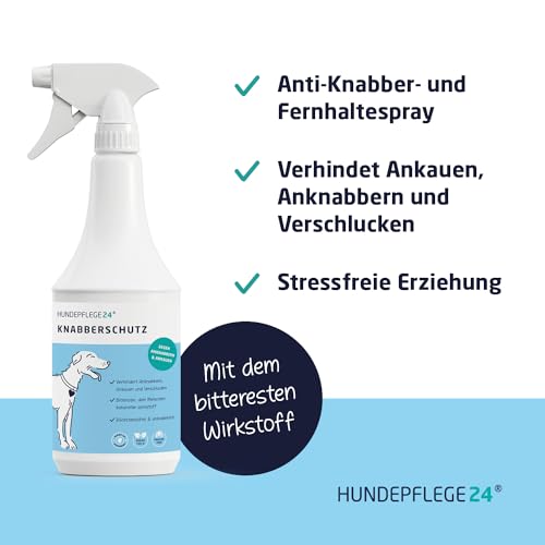 Hundepflege24 Knabberschutz Hund 1l DER BITTERSTE, DEM Menschen BEKANNTE WIRKSTOFF gegen Knabbern & Ankauen von Möbel, Kleidung, Schuhe UVM - Anti Knabber Spray & Fernhaltespray Hunde & Katzen