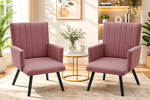 Image of Rosebell Modern Velvet Office Chairs Set of 2 with Armrests & Metal Legs | Upholstered High Back Leisure Chairs for Living Room, Bedroom, Office, Cafe & Dining Room | Rose Pink