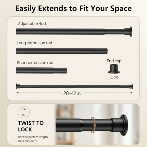 Image of Tension Curtain Rod by EZFurni, 28 to 42 Inch, Adjustable Curtain Rods No Drilling, Heavy Duty Tension Rod, Anti-Slip Spring Loaded Curtain Rods for Window, Closet, Door, Black
