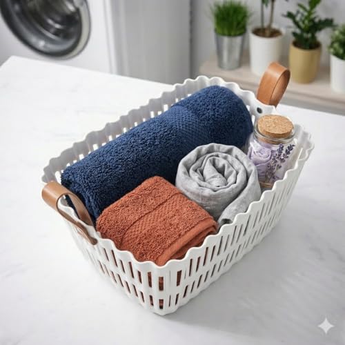 Image of AIR O MATIC Plastic Ractangle Laundry Basket with Breathable Slotted Design & Ergonomic Leather Grip Handles - Large Ventilated Clothes Hamper for Bedroom, Bathroom & Laundry Room (White)