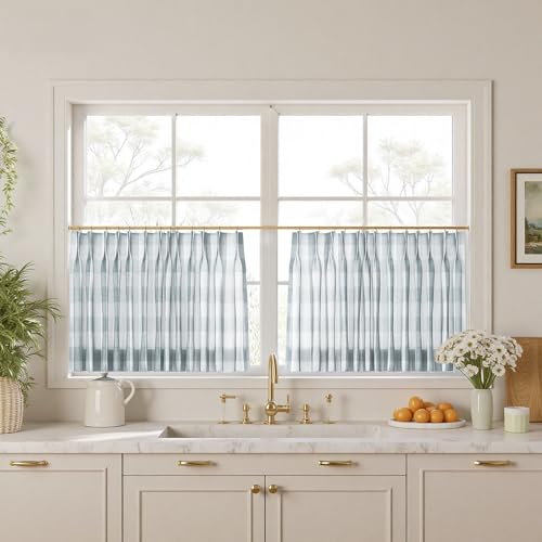 Image of TWOPAGES Pinch Pleat Cafe Curtains 30 Inch Long Buffalo Plaid Light Filtering Farmhouse Half Window Curtains for Bathroom (Light Blue Grid, 26W x 30L Inches, Set of 2)