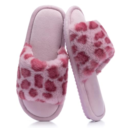 Image of GOEWY Women's Fuzzy Open-Toe House Slippers with Memory Foam - Leopard Print Cheetah Plush Cozy Cute Slipper Indoor /Outdoor Soft Slip On Slides Gifts for Women Mom Her Ladies