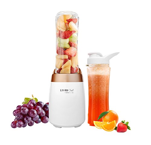 Personal Blender LINKChef 300W with Two BPA-Free Portable Bottle 500ml, Smoothies Maker, White/Golden (PB-6530)- 3 Years Warranty
