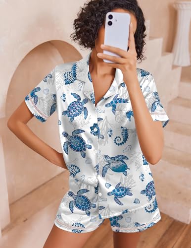 Image of Ekouaer Womens Silk Pajama Sets Button Up Satin Pjs Short Sleeve 2 Piece Pj Sets Cute Lounge Sets with Chest Pocket
