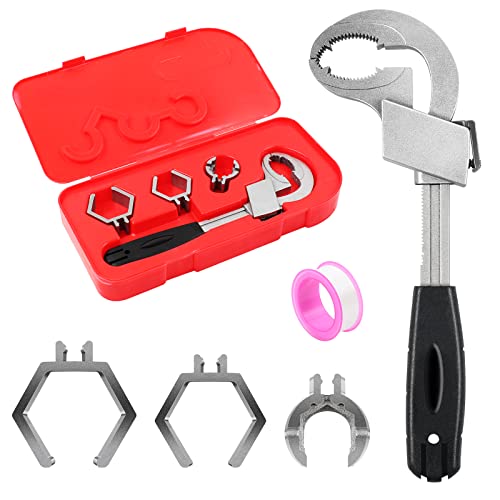 MaxEarn 6Stk Universell Verstellbarer Badezimmer Schraubenschlüssel mit 3 Ersatzkopf, Multifunktionaler Spülenschlüssel Armaturenschlüssel mit 80mm Öffnung, Einstellbarer Halbmond Wasserhahn Rohrzange Cover