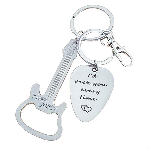 JUSTE Stainless Steel Key Ring with Bottle Opener Guitar Pick as Gift