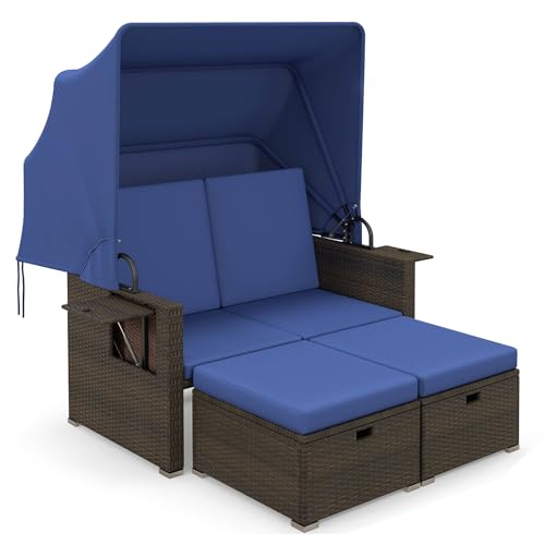 Tangkula Outdoor Rattan Daybed with Canopy and Ottomans