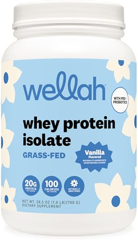 Image of Wellah Grass-Fed Whey Protein Isolate Powder (Vanilla) 30 Servings - with Prebiotics, Enzymes & Probiotics, 20g of Protein, 100 Calories, Naturally Sweetened