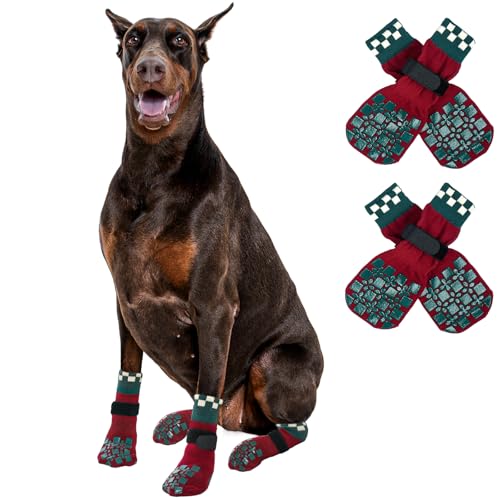 Image of ROZKITCH 2 Pairs Double Side Anti Slip Dog Socks Paws Stop Licking, Christmas Paw Protectors Warm Anti Chew Dog Paw Covers Stretchy Grip Socks for Senior Dogs Christmas Red XL